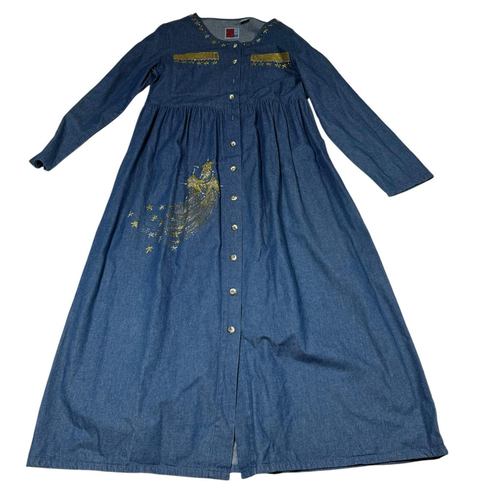 Vtg Sun Belt Denim Celestial Maxi Dress Hand-Painted Stars Western Boho Med USA